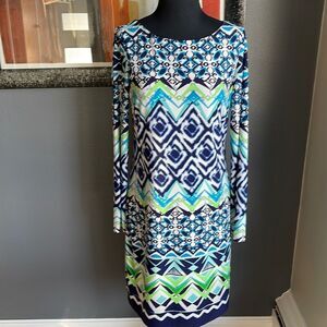 Vince Camuto geometric print lined exposed back zipper sheath midi. Size 8.